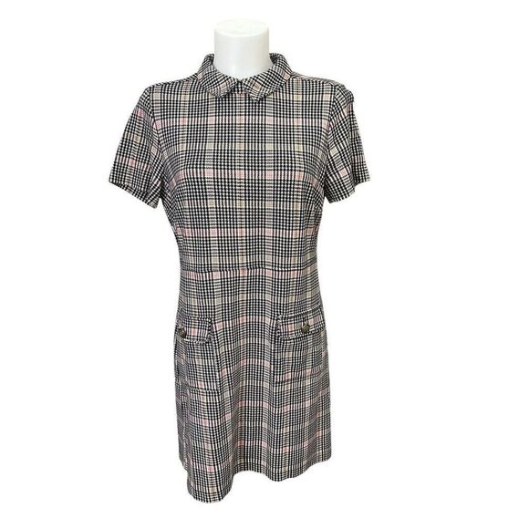 LOFT  Plaid Pink Black Ponte Button Shift Pocket Dress Academia Casual sz Small - Picture 2 of 9